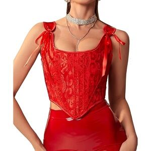 Brocade Corset Top Medium Red Ribbon Straps Bustier Lace Up
